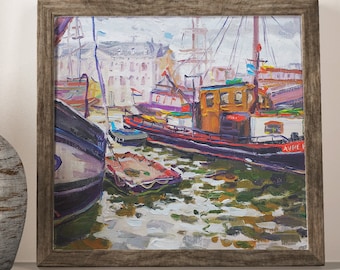 Original oil painting, boats in the harbour