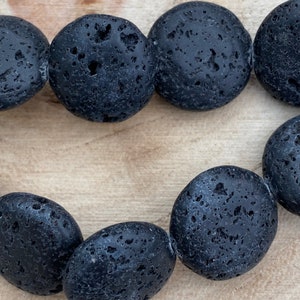 Lava beads, rock beads, black, 15 mm, coin shape, strand 39 cm