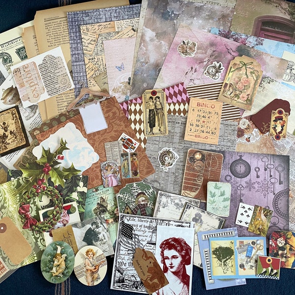 Vintage Scrapbooking-Mix-Set ,60 Teile/ Papier , Labels, Sticker, Embellishments…für Scrapbooking, Journaling, Collagen, Karten basteln