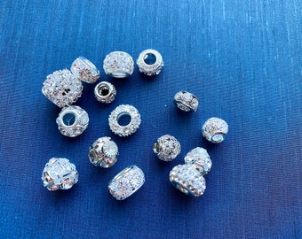 15 rhinestone beads, Shamballa beads, silver-colored