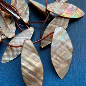 Può includere: Primo piano di una collana con pendenti iridescenti a forma di foglia. I pendenti sono beige e marroni, con un aspetto cangiante e perlaceo. Sono infilati su un cordino marrone, creando un gioiello unico.