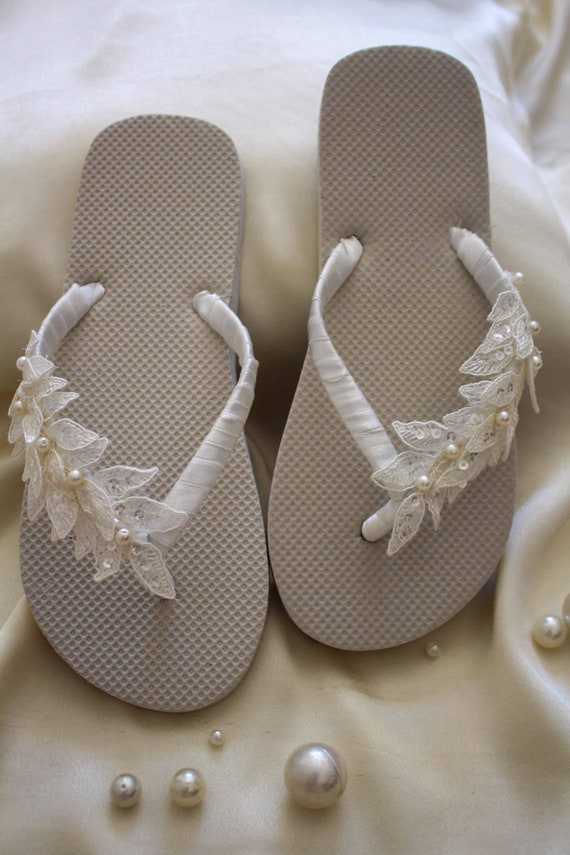 Bridal Flip Flopsbeach Bridal Flat Sandals Lace Wedding - Etsy
