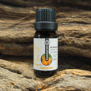 Könnte beinhalten: Kleine braune Glasflasche mit ätherischem Öl von Magnolia Cempaka und schwarzem Verschluss. Das Etikett lautet "NL Natural 100% Pure & Natural Therapeutic Grade 10ml". Das Etikett zeigt auch eine Blumenzeichnung.