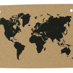 May include: A rectangular, tan-colored card with a black world map design. The map shows the continents and countries in a simplified, silhouette style. Two small holes are at the top for hanging.