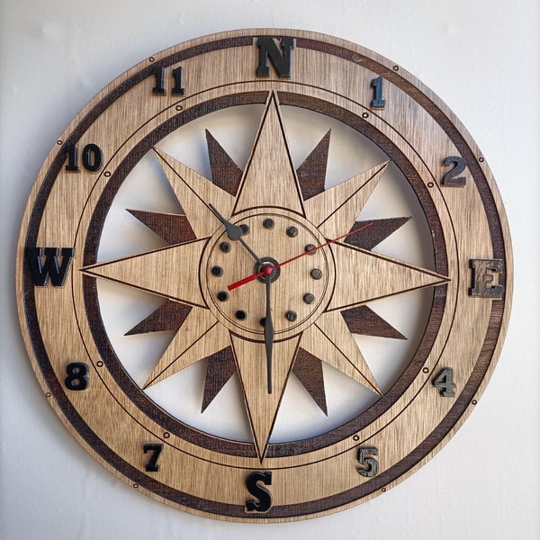 BOUSSOLE en bois, horloge murale originale, horloge en contreplaqué, unique en son genre, authentique Style grande horloge murale