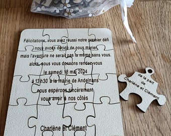 Announcement- PUZZLE announcement, Handmade Puzzle invitation, Wooden Puzzle invite, Artisan announcement, personalized text