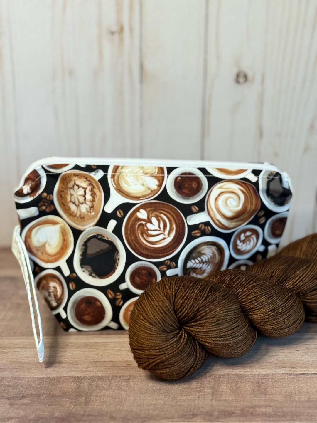 Small Zipper Project Bag: *morning Coffee” W/white Dots Contrast Fabric ...