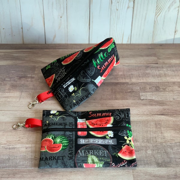 Notions Pouch: Flat or Triangle *Sweet Watermelon* w/Red Check contrast fabric