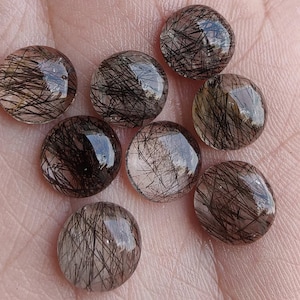 Natural Black Rutile Quartz Round Shape Cabochon Gemstone, Translucent Gemstone, Loose Gemstone, Jewelry Making Black Rutile, 2 Pcs Set