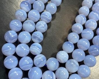 1 brin complet de 40 cm, perles semi-précieuses semi-précieuses rondes en dentelle bleue lisse, pierres précieuses en agate, brins d'agate en dentelle pour bracelet, fabrication de collier