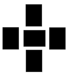 Könnte beinhalten: Ein Schwarzweißbild eines Kreuzes aus fünf Quadraten. Das Kreuz ist symmetrisch und hat ein Quadrat in der Mitte und vier Quadrate, die sich von der Mitte aus erstrecken.