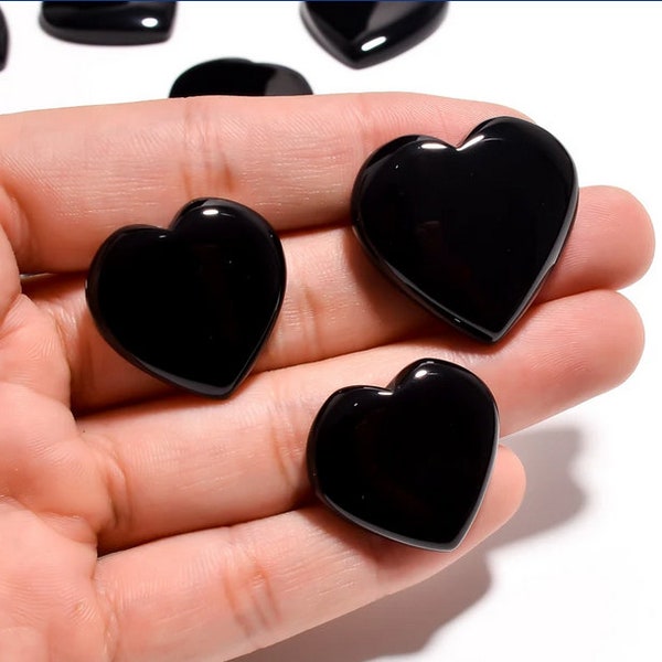 1 Pc Natural Black Onyx Heart Shape Flat-Back Cabochon Gemstone, Black Onyx Heart Gemstone for DIY Jewelry Making, Easter Gift for Healing