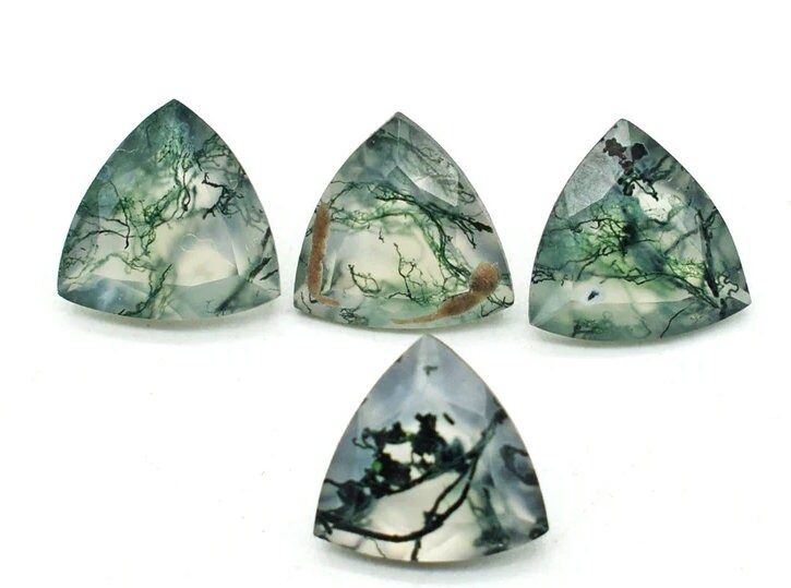 All Sizes Moss Agate Faceted Trillion Cabochon Gemstone For Jewelry Making, Natural Moss Agate Rings, Earrings, Loose Gemstone, 2 Pcs Set,