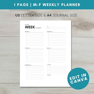 Puede incluir: Un planificador semanal imprimible en blanco y negro para el trabajo, con secciones para de lunes a viernes, objetivos y notas. El planificador está diseñado para papel tamaño carta de EE. UU. o A4 y se puede editar en Canva.