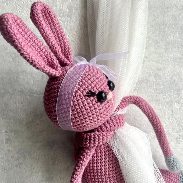 Handmade pink bunny curtain’s decoration. Handmade gift for girl or boy. Babyshower gift amigurumi