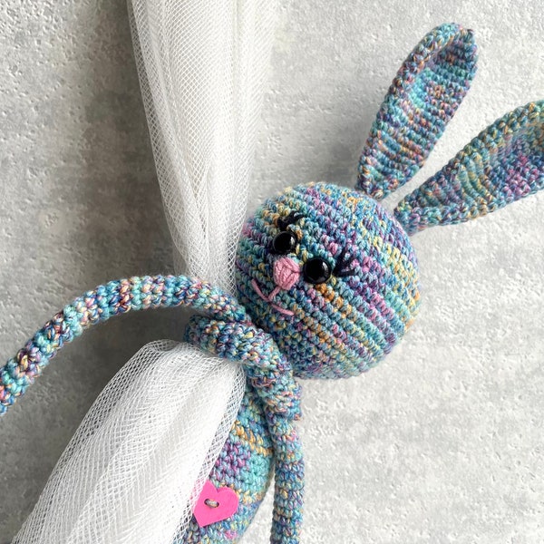 Handmade blue bunny curtain’s decoration. handmade gift for girl or boy. Babyshower gift amigurumi