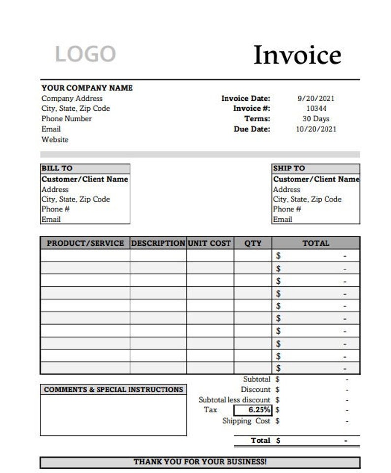 invoice template printable invoice business form etsy
