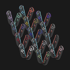 May include: A collection of black game controllers arranged in a cluster. Each controller features a black body with a joystick, a directional pad, and four buttons in various colors including red, blue, green, yellow, purple, pink, and white.