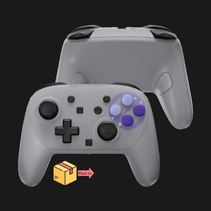 May include: A gray wireless game controller with black buttons and a purple button cluster. The controller has a plus-shaped directional pad and two analog sticks. The image also includes a box with the words "Mail In".
