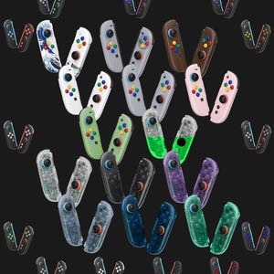May include: A collection of various game controller joy-con pairs in multiple colors, patterns, and finishes, including solid, wood-grain, wave-patterned, and transparent shells, all featuring multi-colored buttons and black analog sticks.