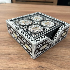 Elegant Egyptian Handcrafted Mosaic Coasters: Mother of Pearl Inlaid Wood Coaster Set.