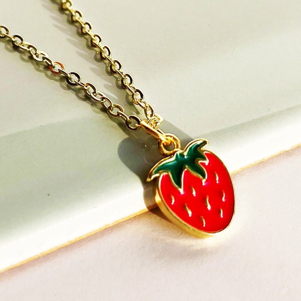 Strawberry Necklace, Enamel Strawberry gold plated, strawberry necklace charm, Fruit jewellery, Strawberry Enamel Charm