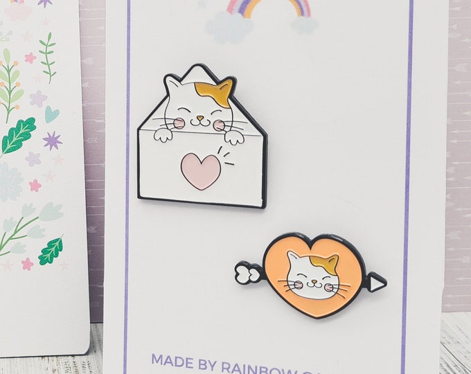 Cat Enamel Pin set, Kawaii cat, Cat envelope, Cat heart, gift for cat lover, cute cat pin, enamel pin set, cat pins, lapel pin cat.