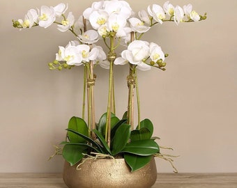 Silk Orchid Arrangement in Matte Gold Planter White Orchid Centerpiece Flower Arrangement Faux Orchids for Dining Table Hotel Spa Office
