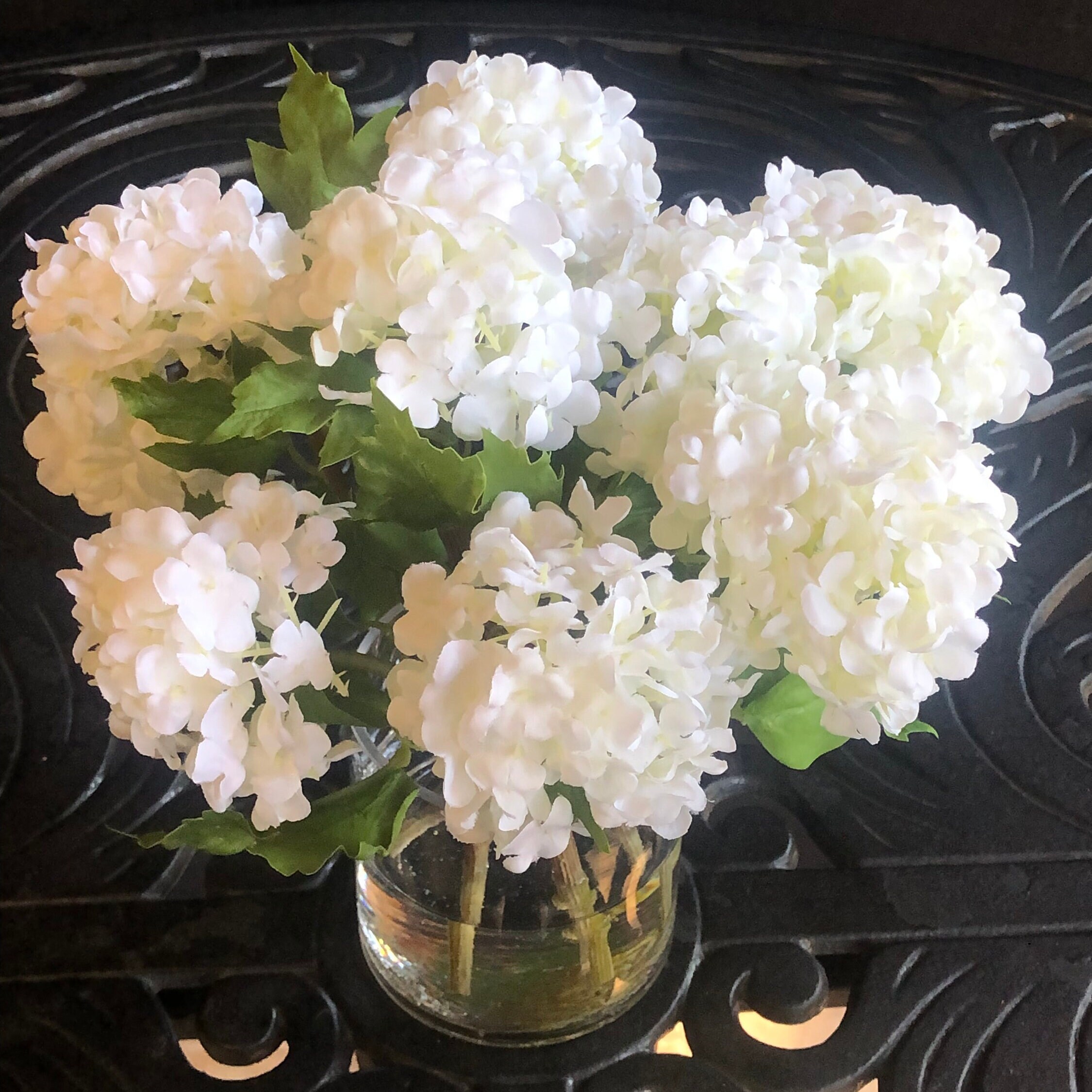White Hydrangea Arrangement in Glass Vase Faux Silk Flowers Centerpiece