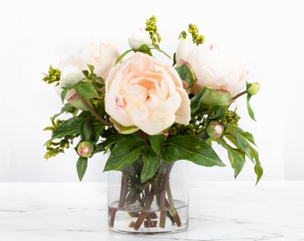 Faux Peony Arrangement in Glass Vase, Faux Peonies in Vase, Pink Peony Arrangement RealTouch Peonies in Vase, Silk Peony Flower Arrangment