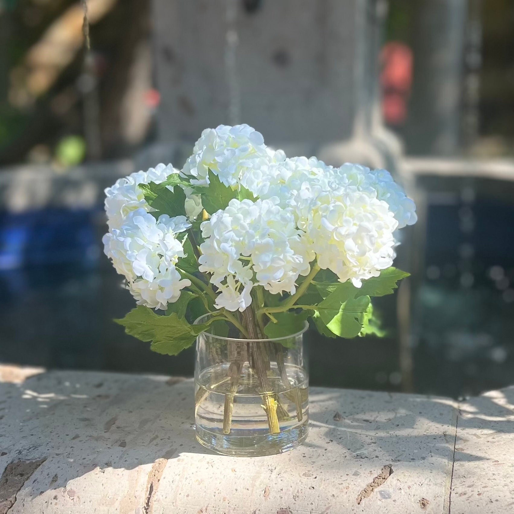 White Hydrangea Arrangement in Glass Vase Faux Silk Flowers Centerpiece