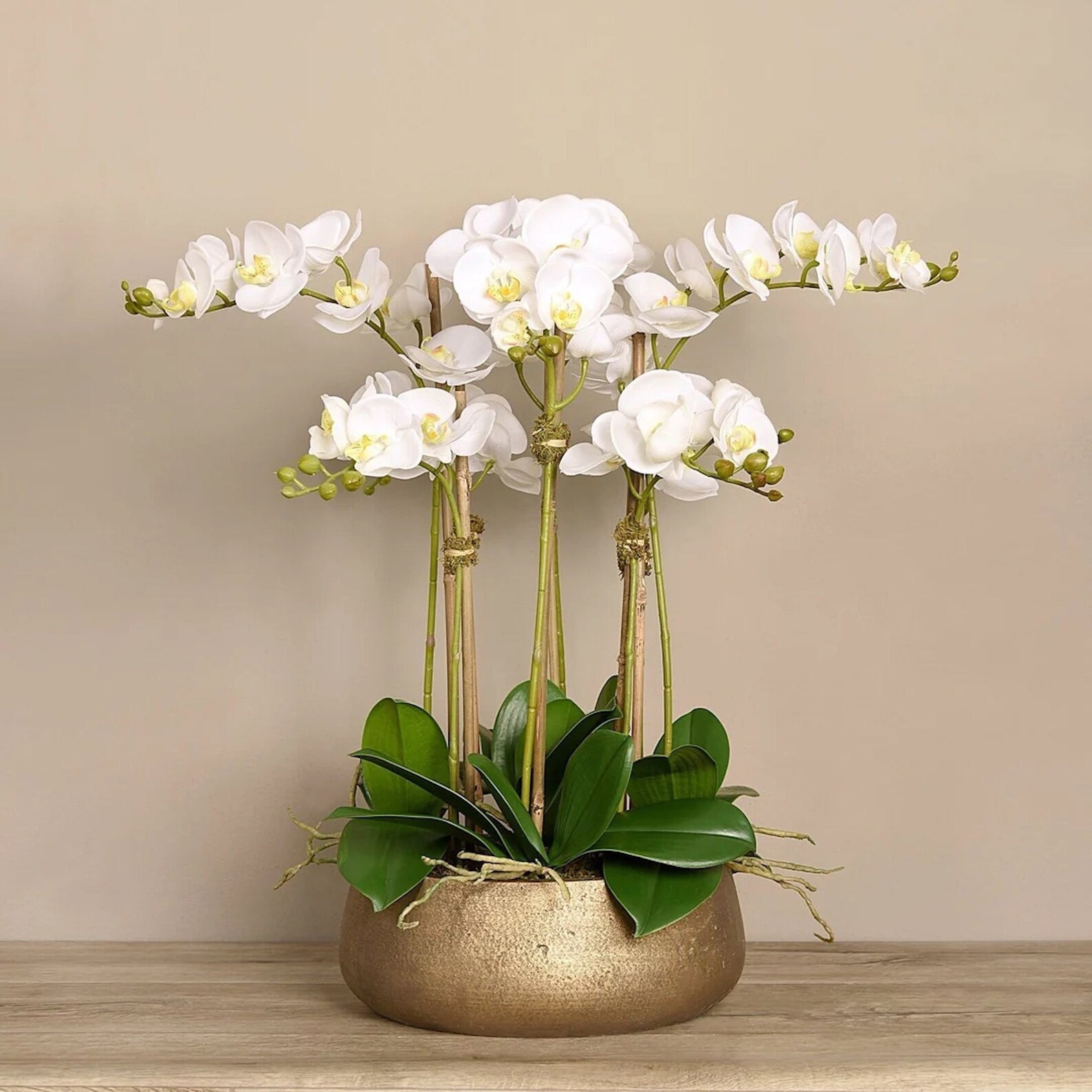Silk Orchid Arrangement in Matte Gold Planter White Orchid Centerpiece