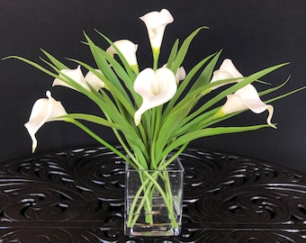 Real Touch Calla Lilies Centerpiece Arrangement Silk Flower Arrangement White Calla Lilies Modern Flower Arrangement, Floral Home Decor