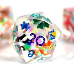 LGBTQ+ Rainbow Stars Polyhedral Dice Set of 7, Sparkling Rainbow Pride DnD Dice Set, Sharp Edge Dice, Handcrafted Dice For Tabletop Games