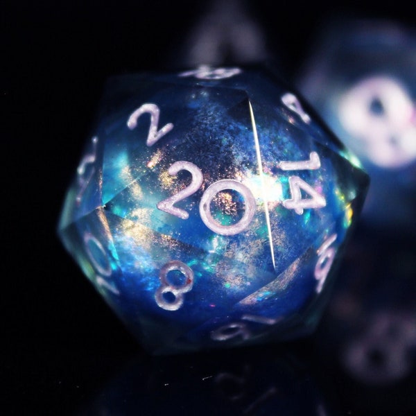 Liquid Core Blue Galaxy Swirl DnD Dice Set, Blue Nebula D&D Sharp Edge Dice, Magic Space Themed Handcrafted dice For Table Top RPG Games