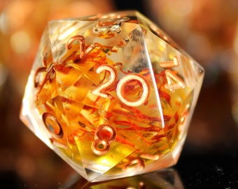 Liquid Core Golden Joy DnD Würfel Set, Petal Core D & D Sharp Edge Würfel, Safran und Calendula Blume Handgefertigte Würfel Für Table Top RPG-Spiele