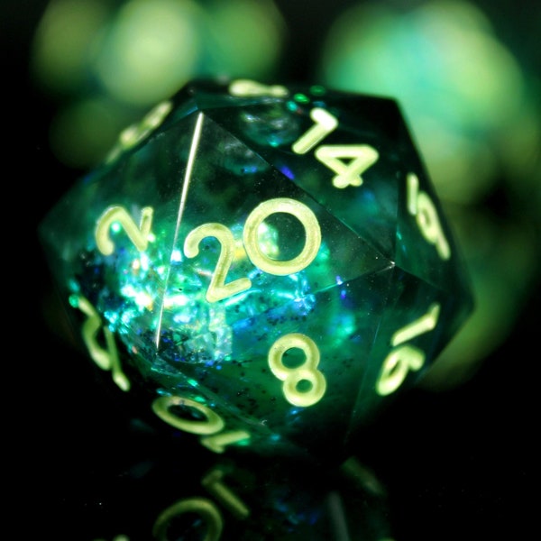 Liquid Core Green Galaxy Swirl DnD Dice Set, Blue Nebula D&D Sharp Edge Dice, Magic Space Themed Handcrafted dice For Table Top RPG Games