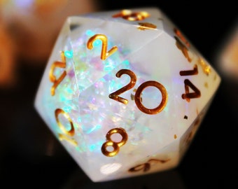 Gold Leaf White Opal Resin Sharp Edge Dice, Handmade Polyhedral Dice Set of 7, D&D Dice, RPG Aesthetic DnD D20 for Roleplaying games