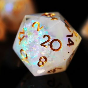 Gold Leaf White Opal Resin Sharp Edge Dice, Handmade Polyhedral Dice Set of 7, D&D Dice, RPG Aesthetic DnD D20 for Roleplaying games