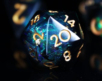 Gold Leaf Black Opal Resin Sharp Edge Dice, Handmade Polyhedral Dice Set of 7, D&D Dice, RPG Aesthetic DnD D20 for Roleplaying games