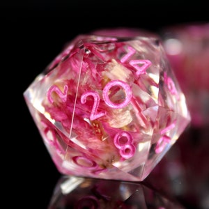 May include: A clear, pink, and white 20-sided dice with pink numbers and dried flowers embedded inside.