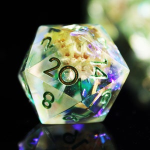 Crystalline Spring Blossom Resin Sharp Edge Dice,  Handmade Aesthetic Spring Fairy Flower Polyhedral Dice Set of 7 for Roleplaying games