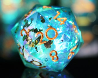 Gold Leaf Holographic Aquamarine Resin Sharp Edge Dice, Gemstone Handmade Teal Polyhedral Dice Set of 7, Turquoise Aesthetic D20 for TTRPG