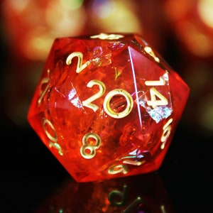 Brazilian Fire Opal Resin Sharp Edge Dice, Handmade Orange Gemstone Inspired Polyhedral Dice Set of 7, D&D Dice, RPG Aesthetic DnD D20