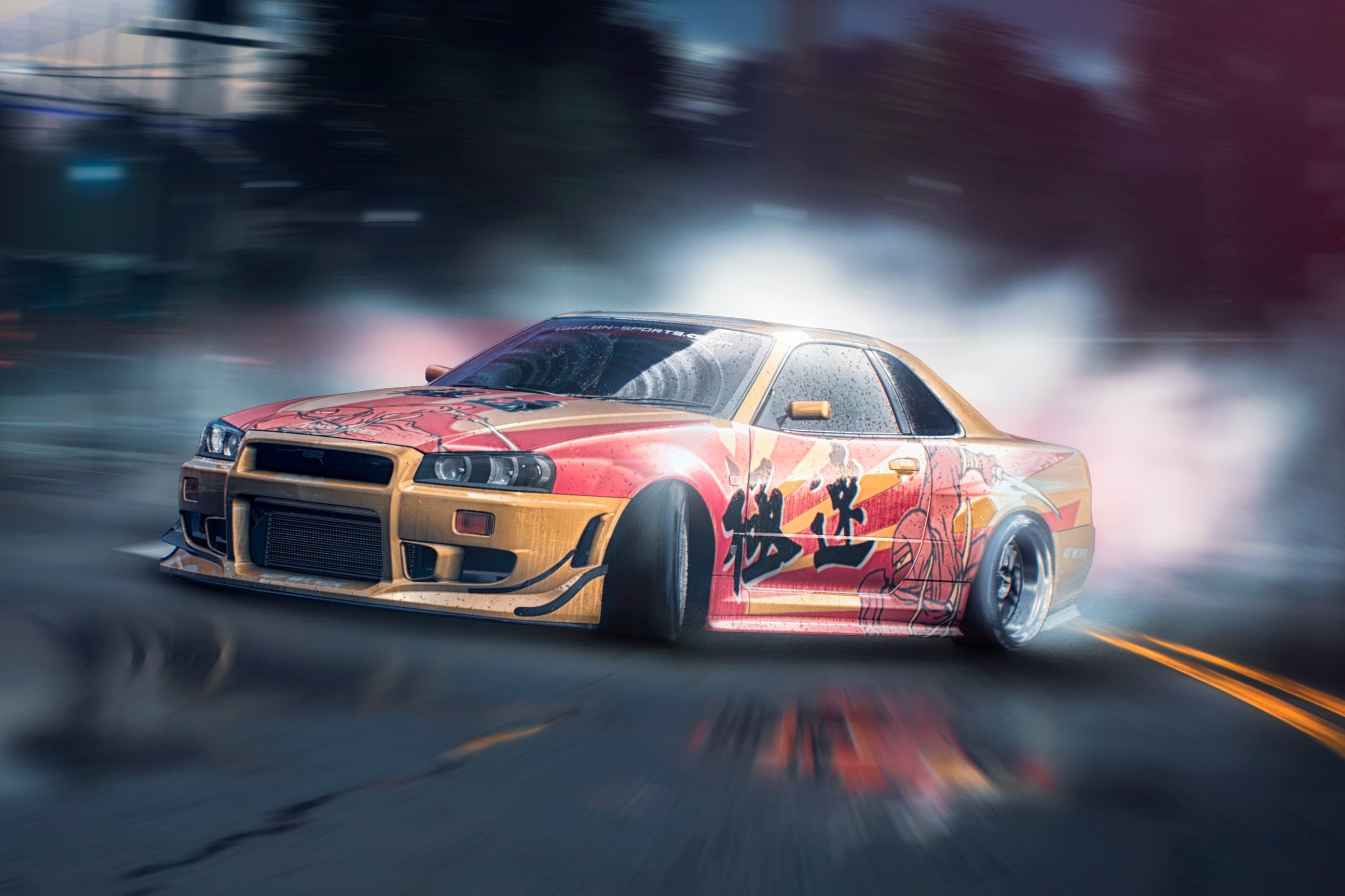 Nissan Skyline, Japanese, Sports car, Yellow and red, drifting, need for  speed Poster