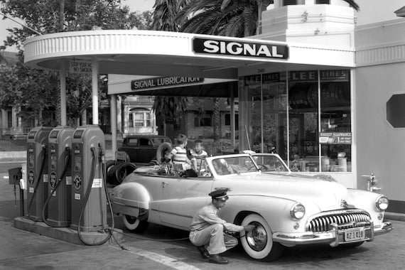 US Road Trip, Vintage, Gas Station, 1950s, USA Poster