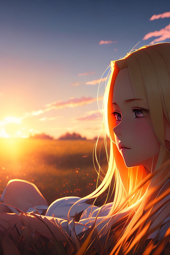 Anime, Young Blond Girl in a Meadow at Sunset Poster -  Israel