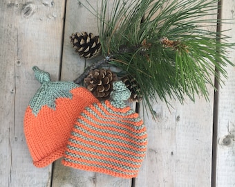 Handknit Pumpkin Hat, Fall Baby Beanie, Striped Orange Green, Newborn Gift