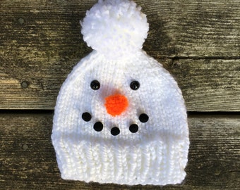 Handknit Snowman Baby Hat, White Acrylic Winter Beanie, Holiday Newborn Gift