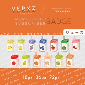 Peut inclure: Un ensemble de 12 illustrations de boîtes de jus colorées représentant différents fruits. Les boîtes de jus sont disponibles en trois tailles : 18 px, 36 px et 72 px. Le texte « MEMBERSHIP SUBSCRIBER BADGE » est en haut de l’image. Le texte « ジュース » est en haut à droite de l’image. Le texte « メンバーシップ・サブスクライバーバッジ » est en haut à gauche de l’image.